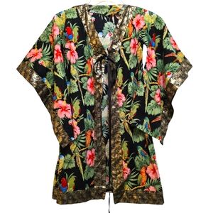 Handmade Parrot Bird Tropical Cardigan Kimono Coverup Gold Trim Detail Tie Up